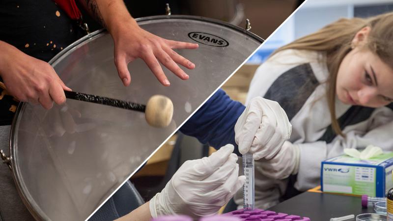 close up of students' hands playing drum and filling a test tube