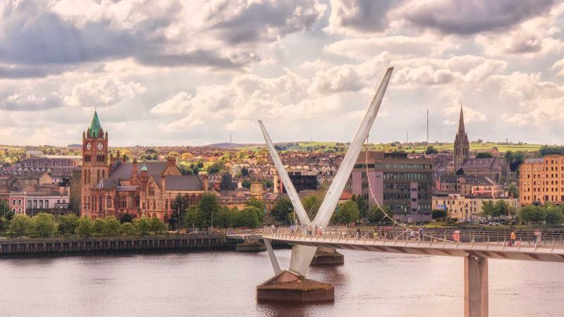 View of Derry, Londonderry in Northern Ireland with the Peace Bridge in the foreground