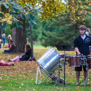 drummer set up outside in fall